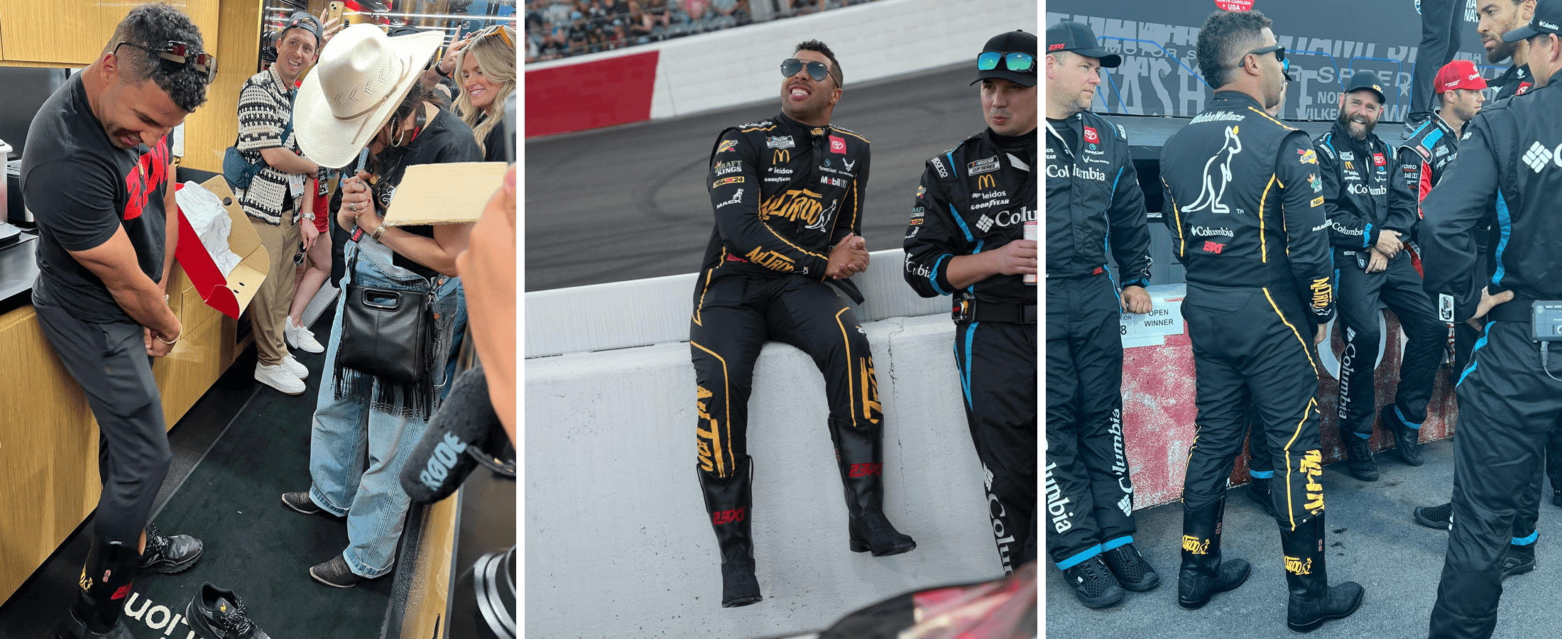 Un collage de tres imágenes que muestran al piloto de 23XI Racing, Bubba Wallace, mostrando y probándose sus nuevas botas Justin personalizadas.